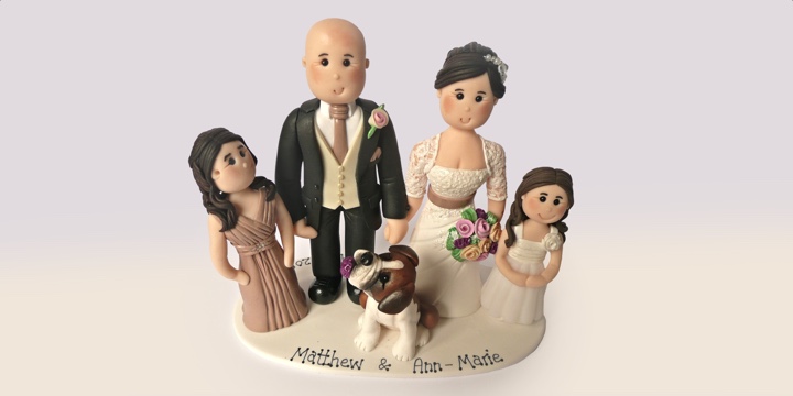 Wedding cake topper married couple with children and dog